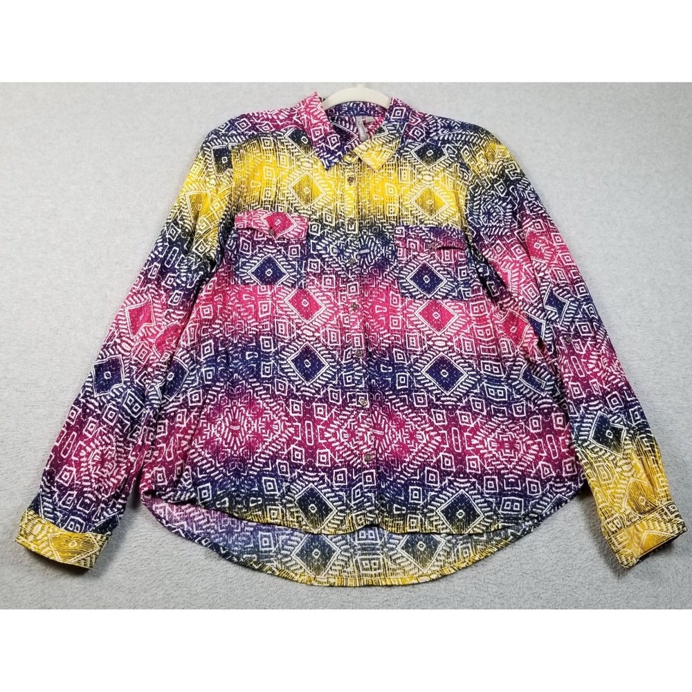 New Directions Button Up Shirt Women Large L iKat Geometric Boho Long Sleeve Top